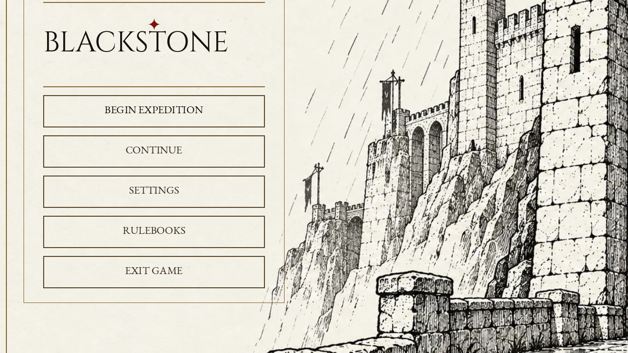 Blackstone Barony title menu against a rain-streaked fortress illustration