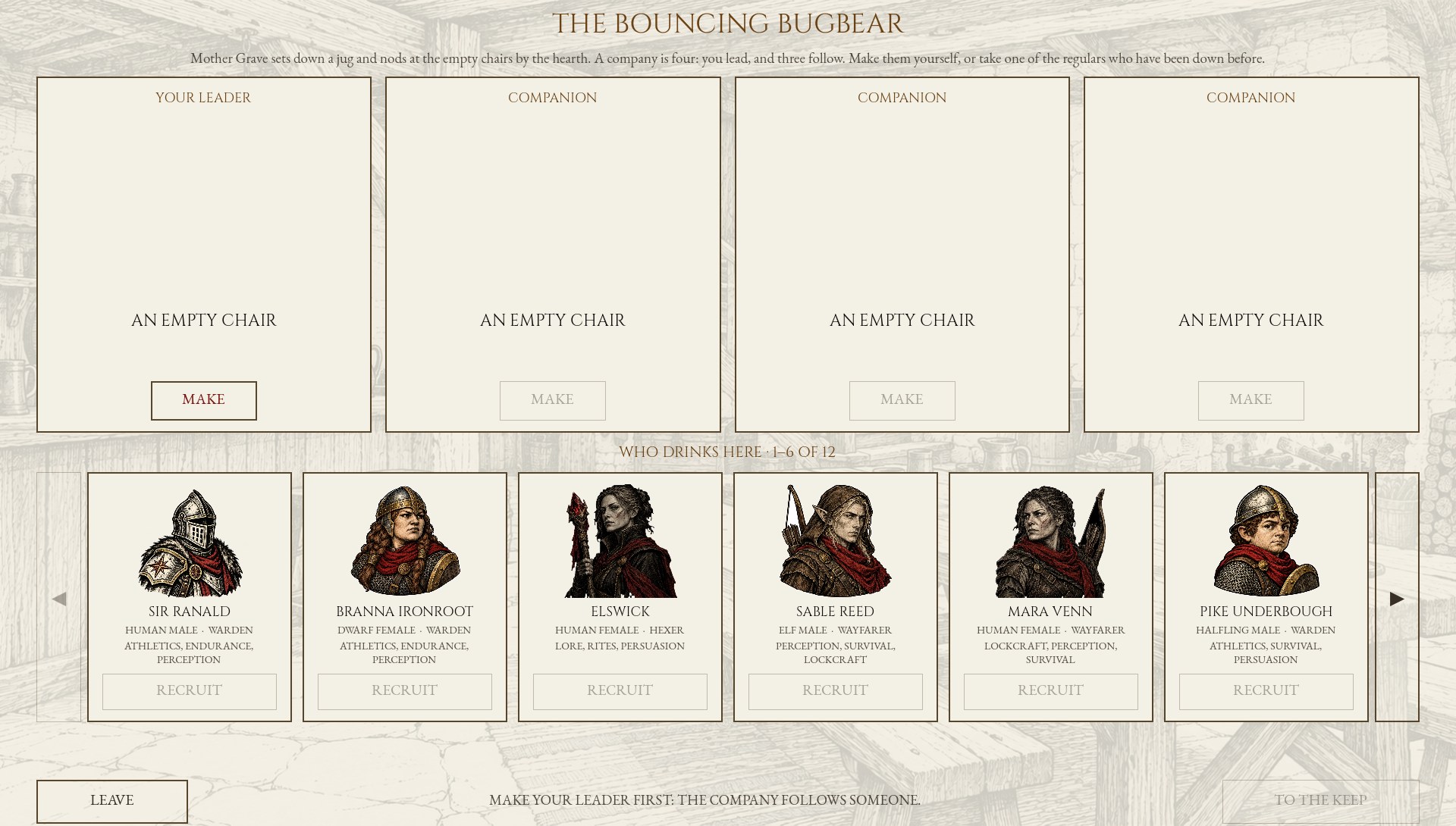 The Bouncing Bugbear recruit screen, showing a balanced first row of human, dwarf, elf and halfling companions