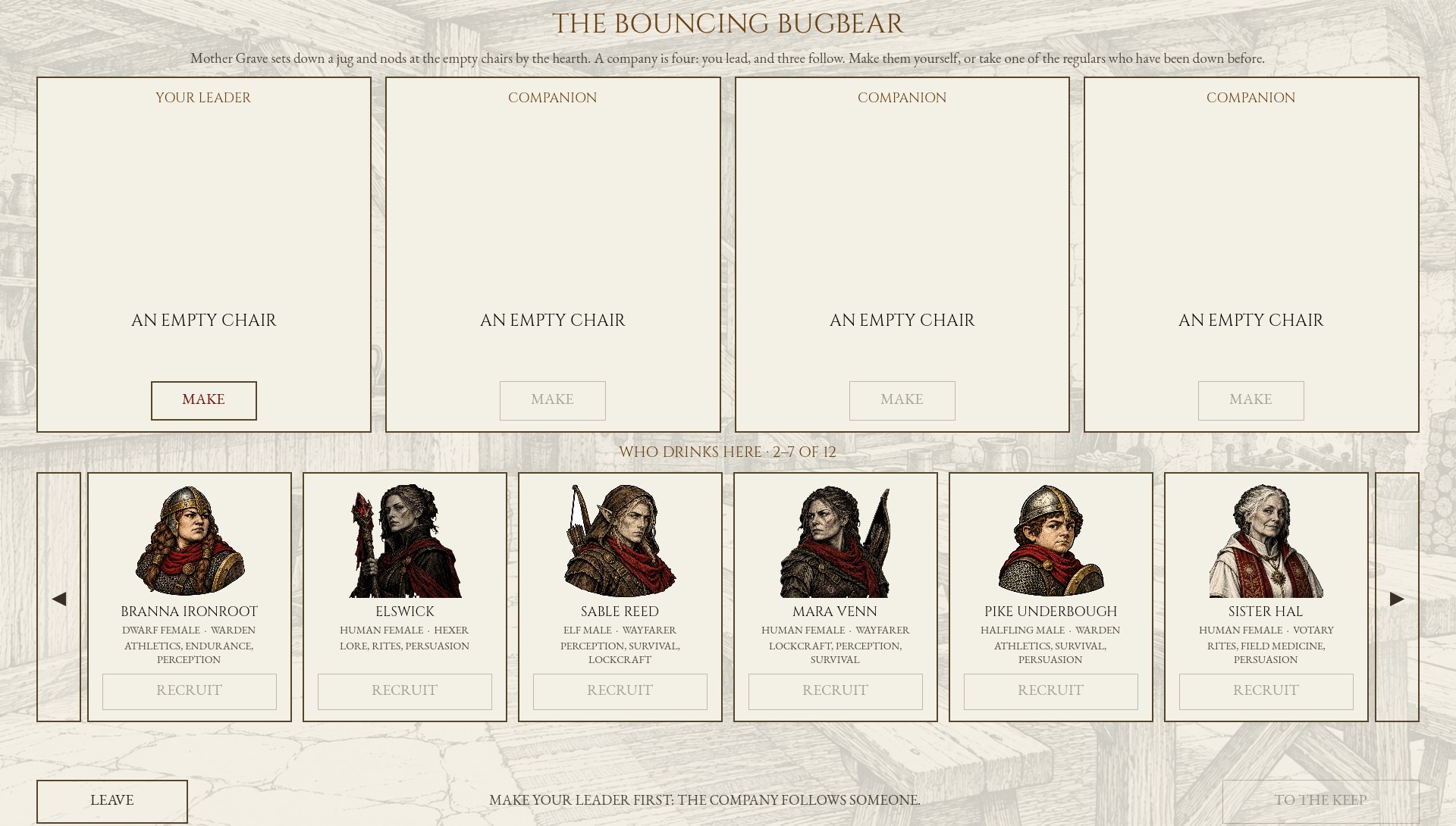 The recruit screen after scrolling one position to reveal more companions