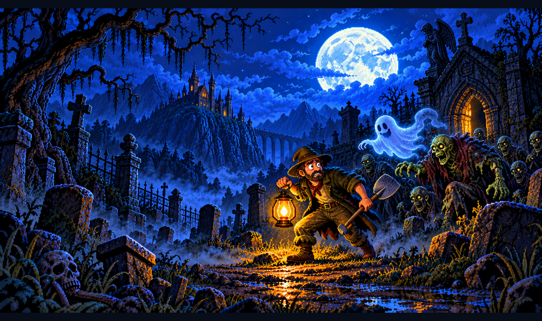 The cemetery groundsman faces the restless dead beneath a full moon