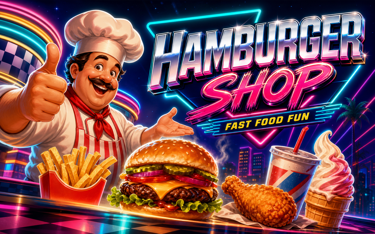 Hamburger Shop 80s-inspired fast-food arcade art