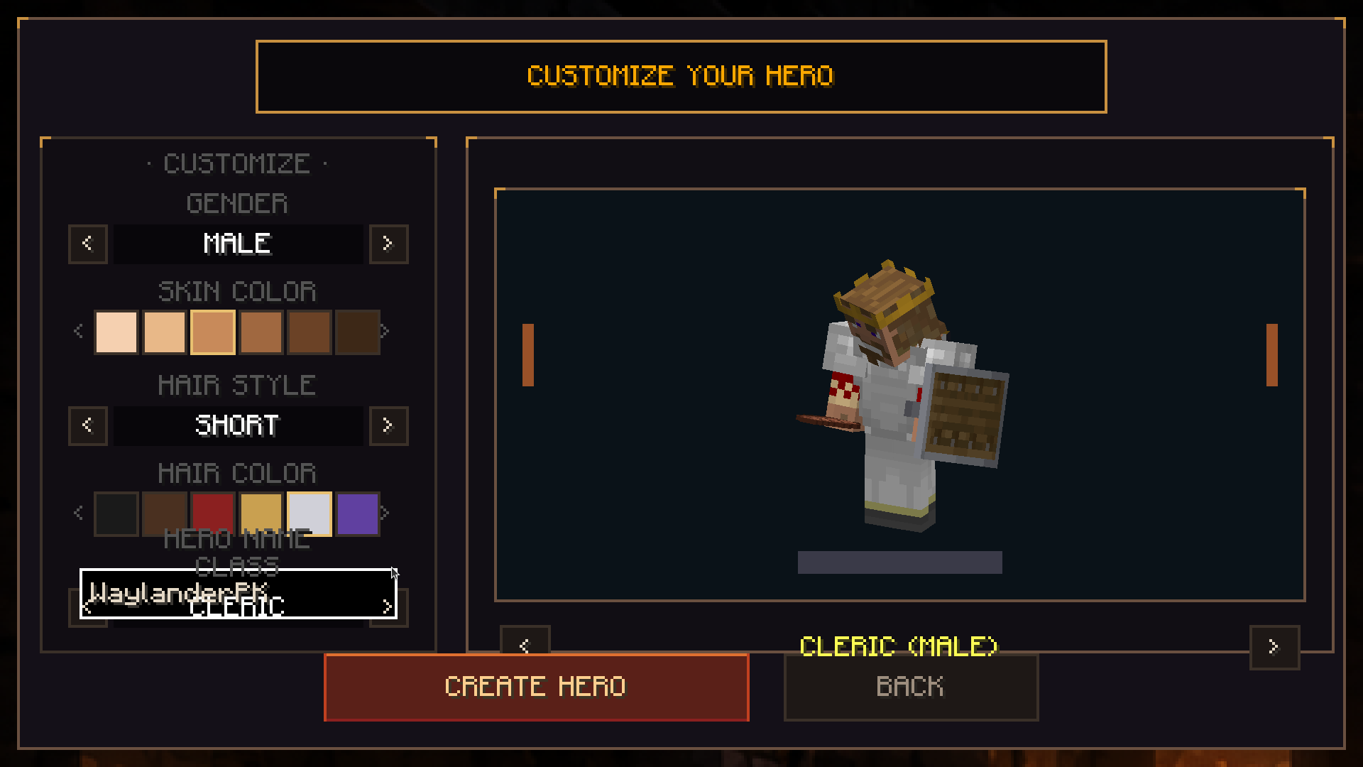 Hellcraft character creator screen