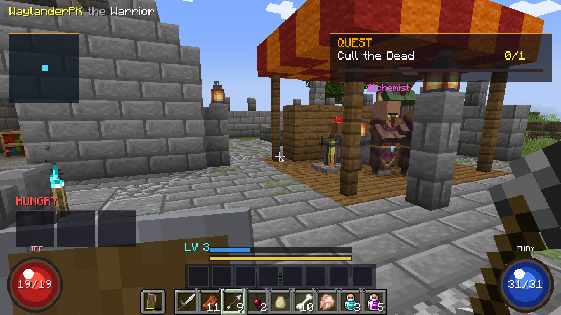 Hellcraft combat HUD with quest objective and shield