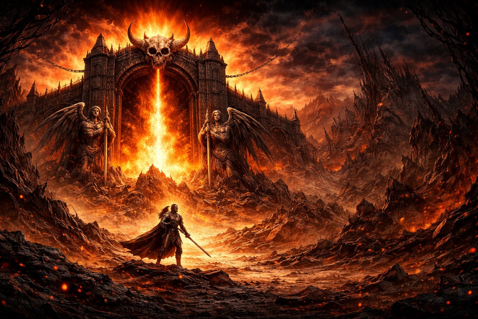 The burning gate of Hellsgate guarded by angel statues