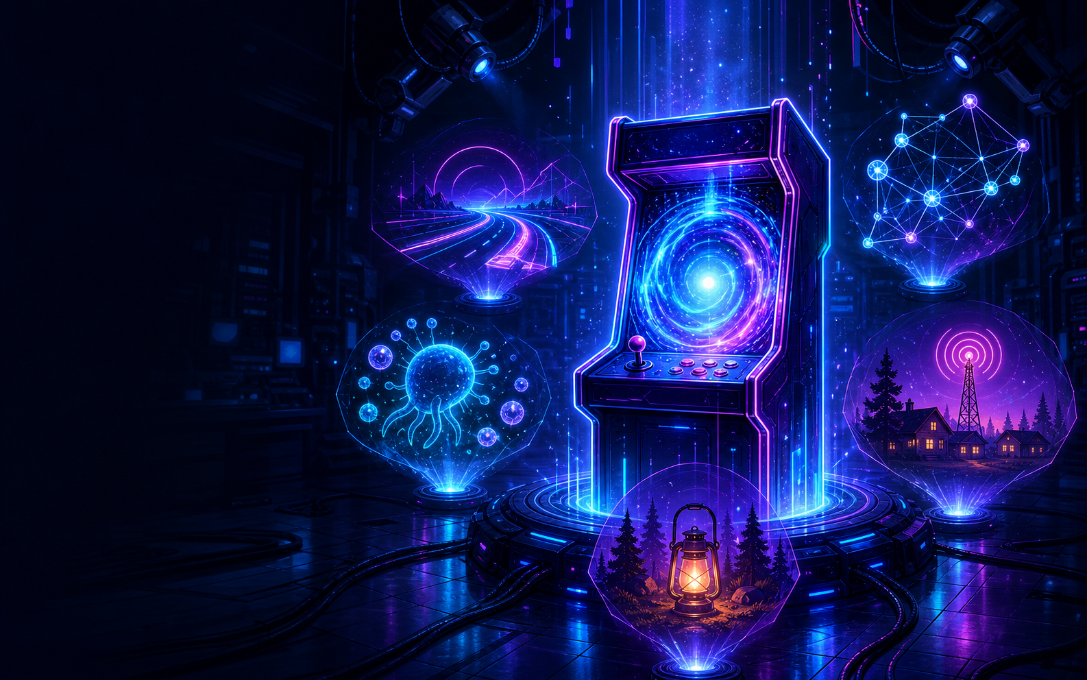 AI Arcade Lab holographic arcade portal with game worlds