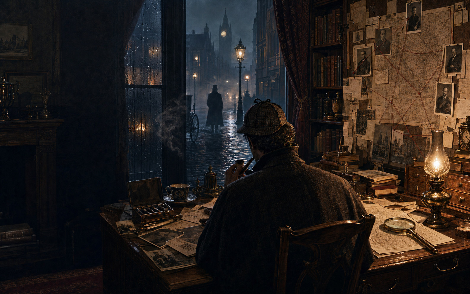 Victorian detective laboratory overlooking foggy London
