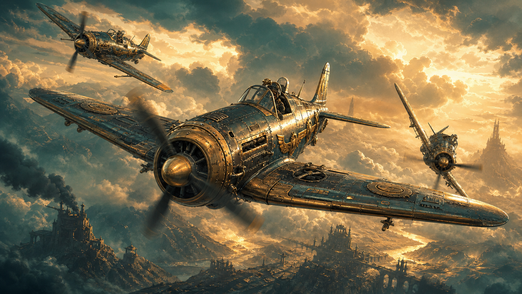 Iron Hawks dieselpunk aircraft formation