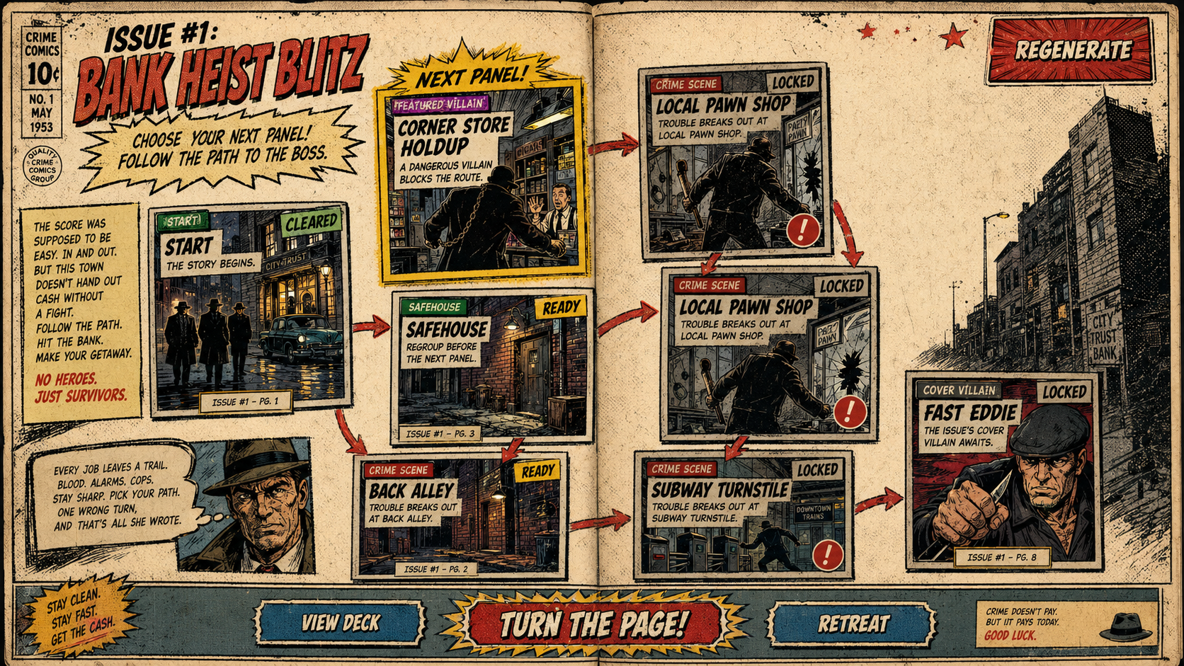 Justice Protocol comic-book roguelike deckbuilder art