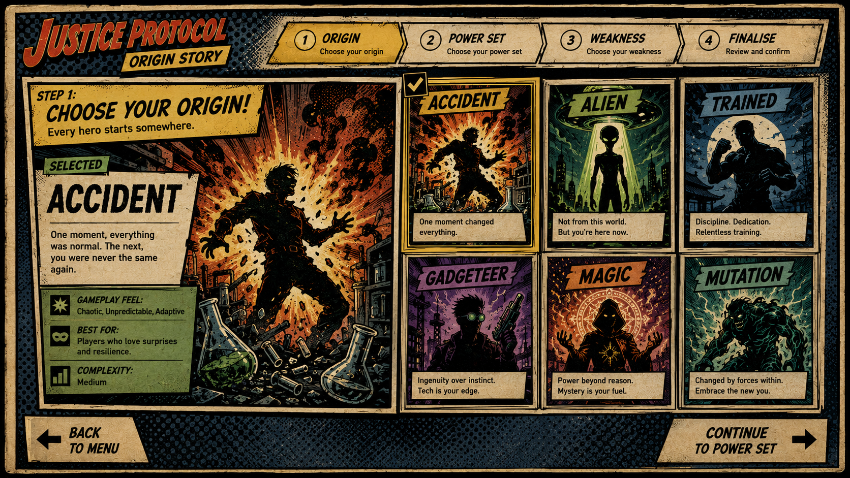 Origin selection comic layout