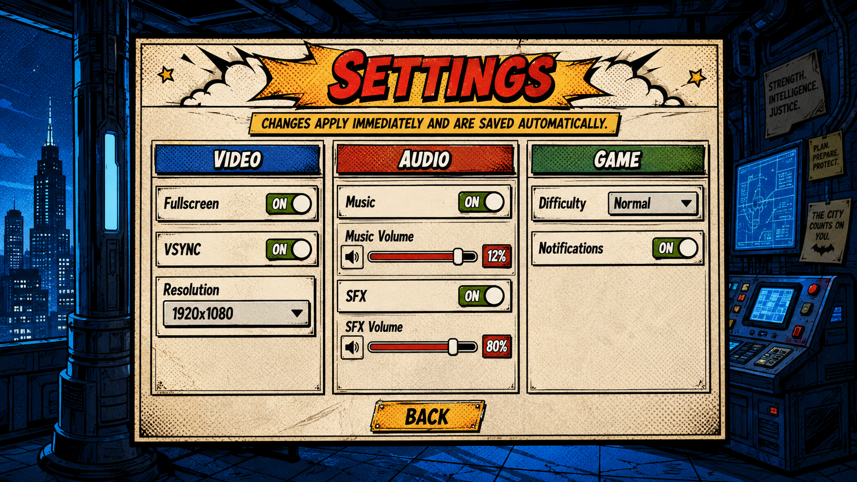 Comic style settings panel