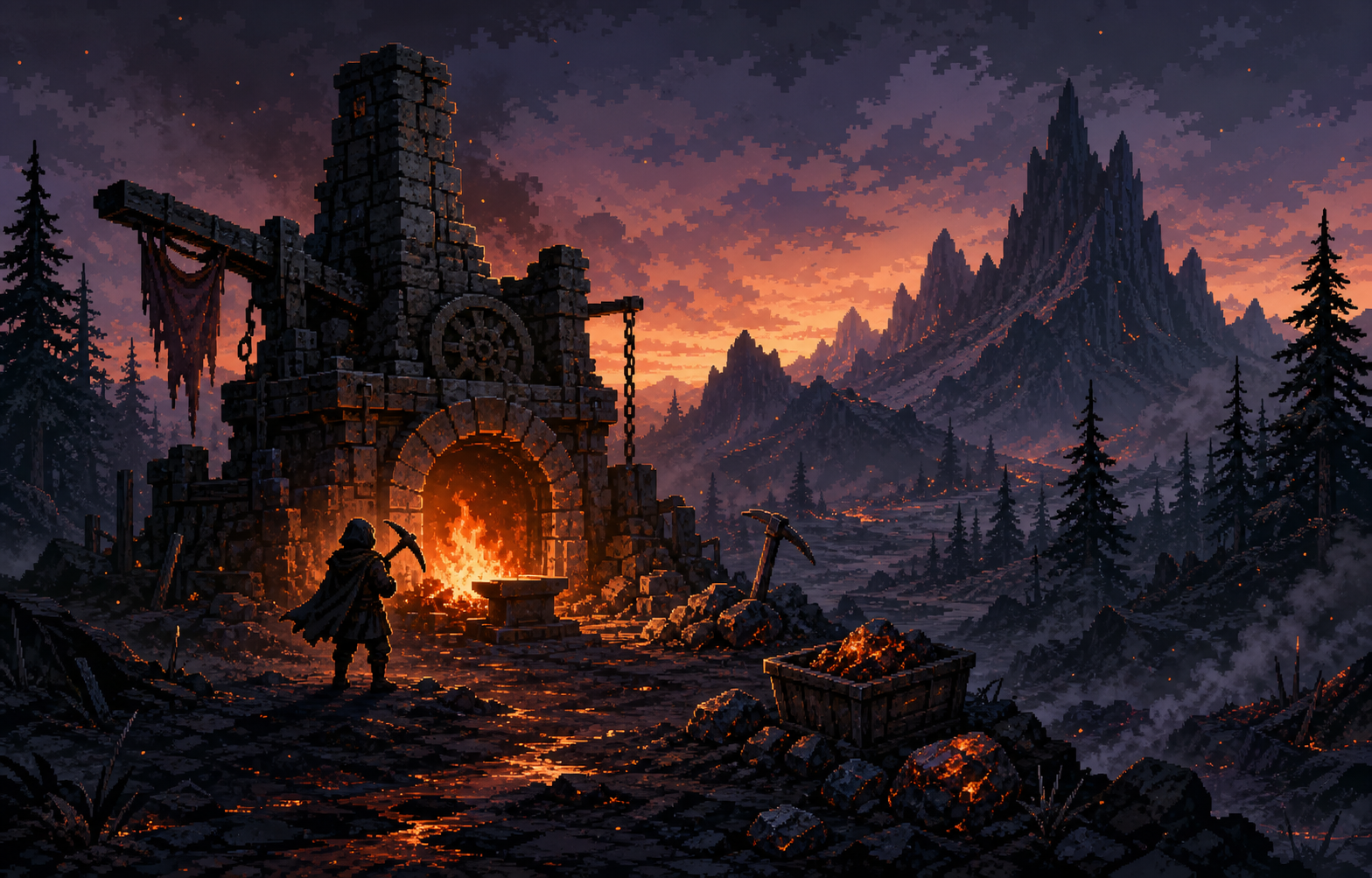 Realmforge adventurer at a glowing forge in the Ashen Wilds
