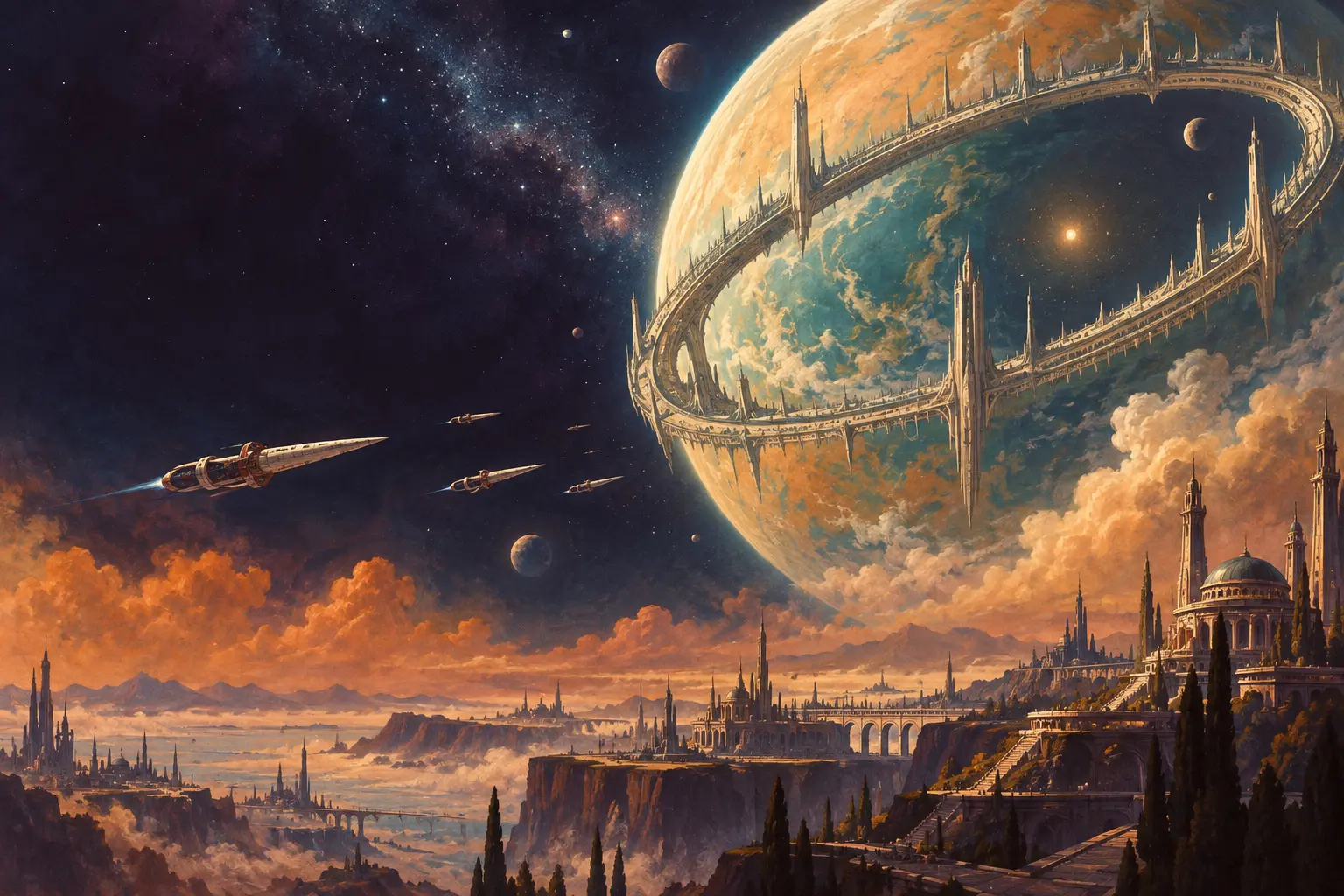 A painted golden crownworld and imperial city in a 1970s science-fiction style